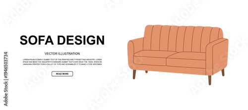 Flat soft pastel sofa design and text. Modern furniture illustration for interior branding and design promotion.