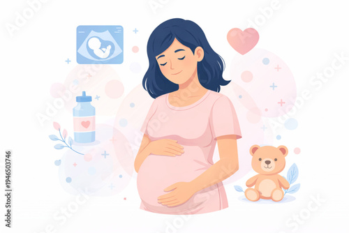 A tender flat illustration of a pregnant woman smiling while holding her belly. She is surrounded by baby-related icons such as an ultrasound image, a feeding bottle, a teddy bear, and a heart. 