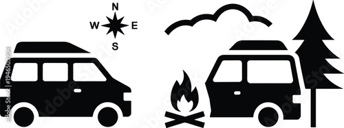 Camping travel icons with camper van campfire compass tree and nature symbols isolated on white background outdoor adventure vector illustration