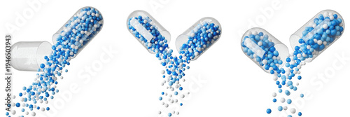 Open medical capsules with blue and white granules falling out on a white background, concept of healthcare, pharmacy and medicine.