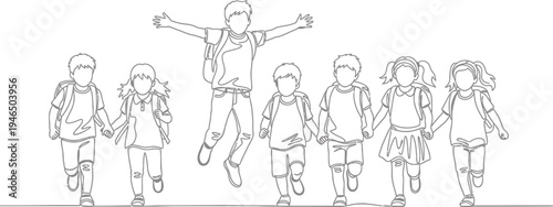 Joyful school children running and jumping together, continuous line art illustration on white background.
