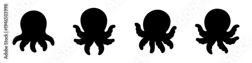 Set of black octopus silhouettes in various poses. Flat vector sea animal icons, perfect for marine, kids, or minimal design themes.