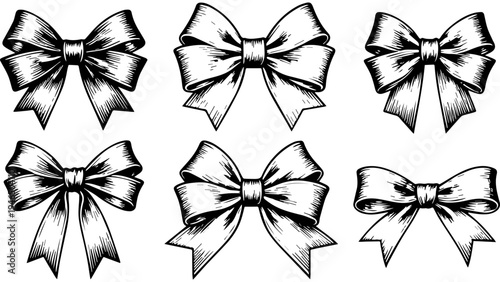 Set of 6 hand drawn ribbon bow illustrations in black and white, vintage engraved sketch style decorative gift bows for packaging, branding, labels