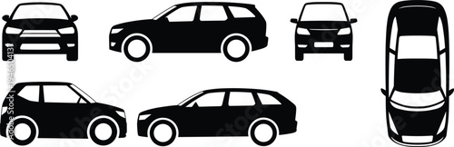 Car silhouette set with different vehicle views front side rear and top isolated on white background transportation auto vector illustration