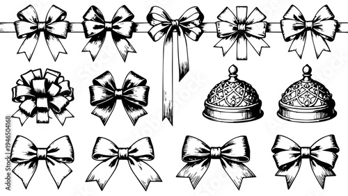Set of 12 black and white ribbon bows and gift bow icons with loops, tails and bell ornaments, hand drawn line art vector elements for packaging