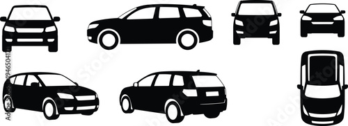 Car silhouettes set with different vehicle views front side rear and top isolated on white background transportation auto vector illustration