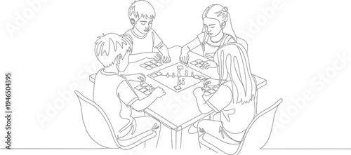 Continuous line drawing of four children playing a board game together at a table, enjoying leisure time.