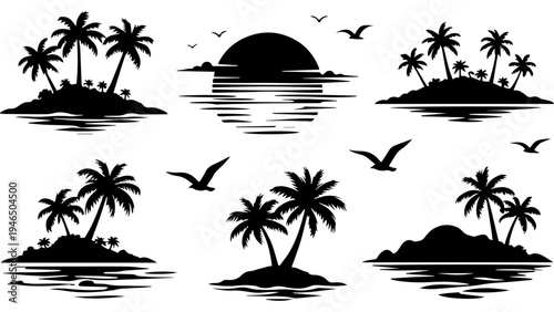 Set of 6 tropical island silhouettes with palm trees, birds and sun, black summer vacation landscape collection, minimal vector icons for travel design