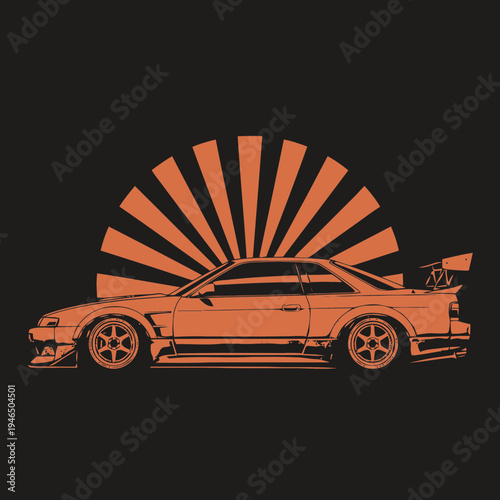 Sleek racing-inspired coupe silhouette against a vibrant radiating sun graphic, embodying speed, power, and modern automotive design aesthetics