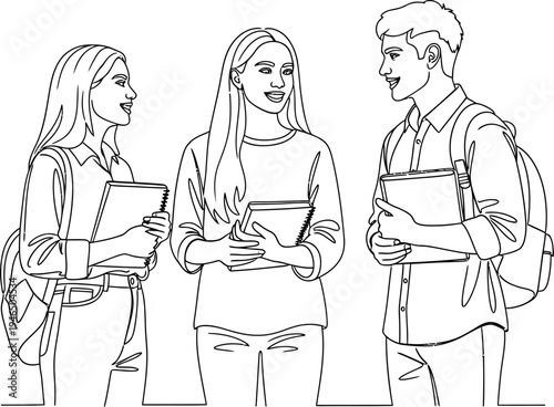 Happy young students talking with books and backpacks, black and white line art