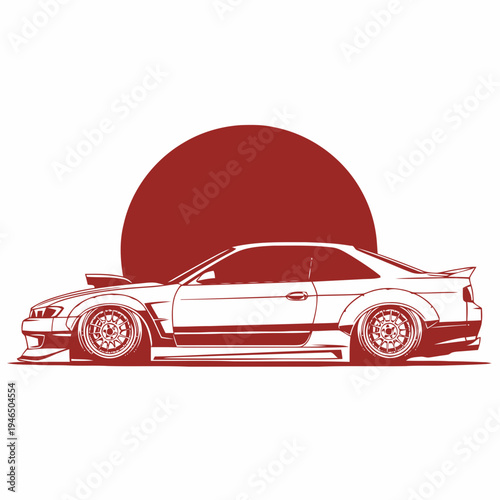 Sleek graphic illustration of a high-performance tuner coupe featuring custom enhancements and a striking red sun design, embodying the essence of automotive culture