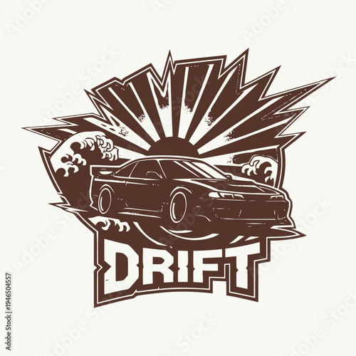 Dynamic drift car illustration showcasing powerful vehicle action against a stylized sunburst and energetic wave backdrop, embodying speed and automotive thrill