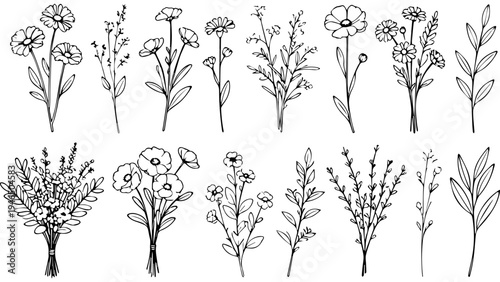 Set of 10 hand drawn wildflower and foliage bouquets and branches, black outline botanical doodle elements, minimal floral vector collection for logos and invitations