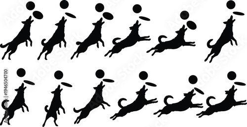 Dog catching frisbee silhouettes set showing jumping and running pet action isolated on white background playful canine vector illustration