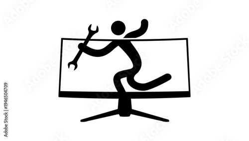 a man repairs a monitor, black isolated silhouette