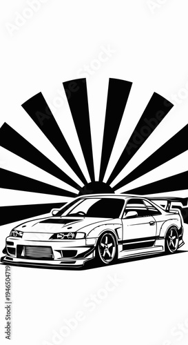 Sleek custom sport vehicle artfully illustrated with dynamic radial background, embodying precision design and automotive mastery