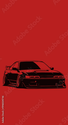 A sleek, low-profile sports car illustrated in a striking black silhouette against a vibrant red background