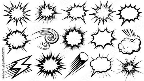 Set of 18 comic speech bubbles and explosion starburst shapes with lightning, swirl and cloud elements, black outline pop art vector collection isolated