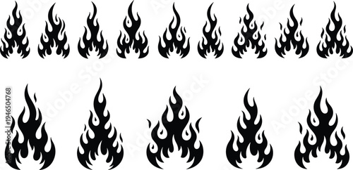 Fire flame silhouettes set with different burning shapes isolated on white background heat danger symbol element vector illustration collection