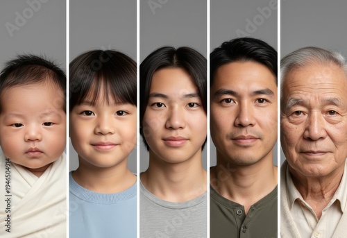 Male ages. Photo collage of same Asian man at five life stages from infant to elderly, vertical studio portraits. AI generative