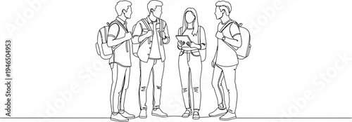 Continuous line drawing of four young students with backpacks discussing ideas