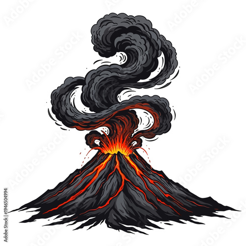 Erupting volcano with smoke and lava.