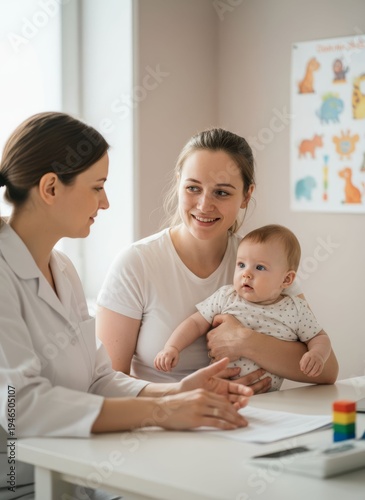 Young mother holding infant sitting across pediatrician at clinic desk, friendly consultation, mother smiling while baby looks curiously at doctor. AI generative