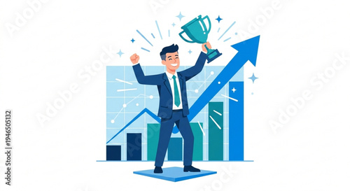 A motivational flat illustration of a triumphant businessman celebrating a major achievement. He is holding a winner's trophy with joy against a background of rising bar charts and a soaring blue 