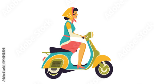 Woman riding motor scooter vector illustration on white background