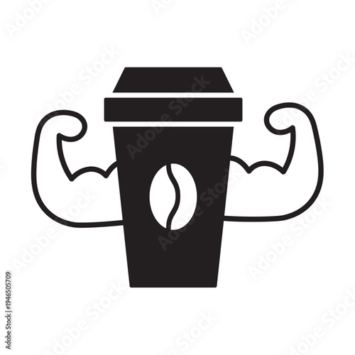 Takeaway Coffee Cup Character Showing Biceps. Minimalist Outline Hand Drawn Vector