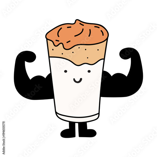 Smiling Latte Glass Character Showing Biceps. Colorful Flat Vector Illustration