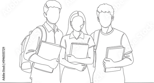 Continuous line drawing of three diverse students holding books and a backpack