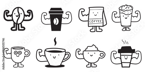 Coffee Characters Collection. Mug, Cup, Bean and Bag Smiling Showing Biceps. Outline Style Vector Set