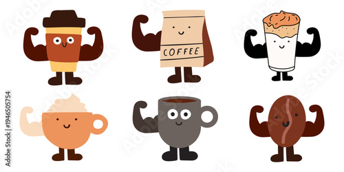 Cute Coffee Characters Set. Smiling Mugs and Cups Showing Biceps. Colorful Flat Vector Illustration