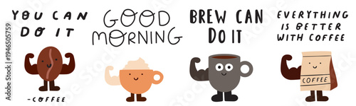 Funny Coffee Mugs Set. Smiling Characters Showing Biceps with Hilarious Quotes. Colorful Flat Vector Illustration