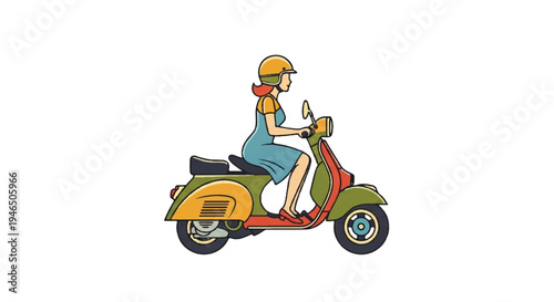 Woman riding scooter illustration isolated white background