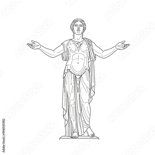A line drawing of a Greek goddess statue.