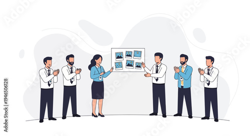 Team Applauding Presentation of Photos on Board, Business Meeting Success