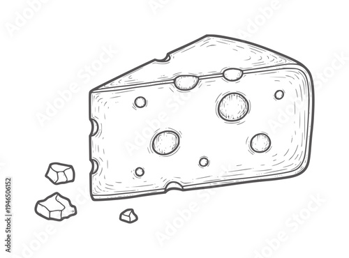 Hand drawn wedge of Swiss cheese with holes and crumbs food dairy