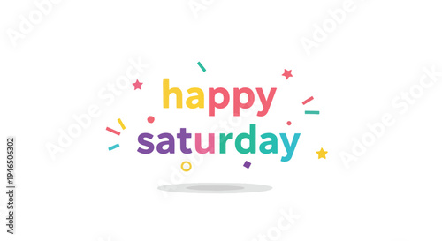 A lively and colorful graphic illustration featuring the words 'Happy Saturday' in cheerful, multi-colored typography, enhanced by playful confetti