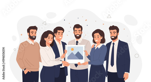 Teamwork success: Diverse colleagues present a framed artwork, celebrating achievement and collaboration.