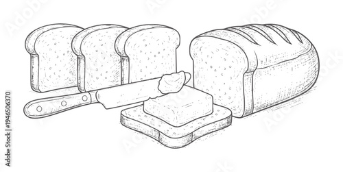 Sliced bread loaf with butter and knife preparing toast slicing