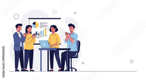 Team Applauding Success in Business Meeting with Presentation and Laptop