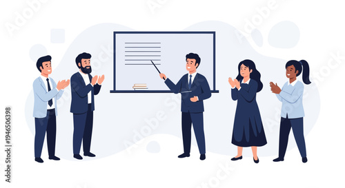 Team applauding presenter at whiteboard during business meeting or presentation