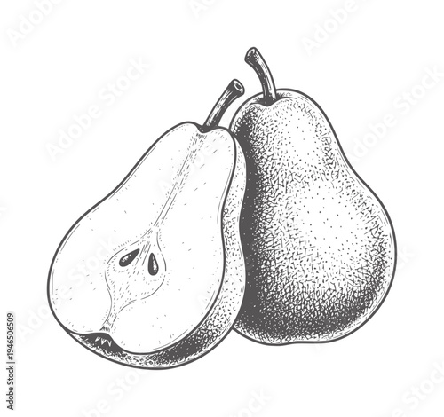 Two pears one whole and one halved showing seeds and texture fruit food