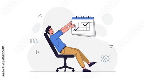 Man in Office Chair Holding Calendar with Checkmarks and Graph