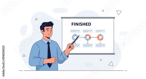Man presenting a finished project timeline on a whiteboard, business concept