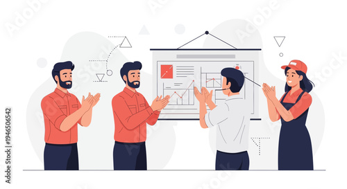 Team Applauding Presentation Success: Business Meeting Celebration