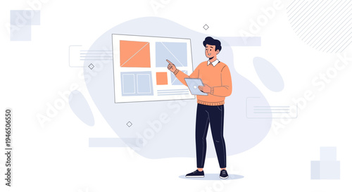 Man presenting website design on screen with laptop, digital marketing concept