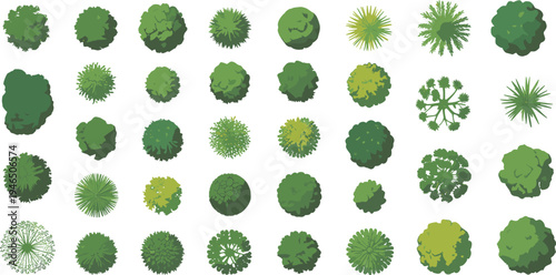 Collection of top view tree icons and green foliage elements for landscape design, garden planning, urban maps, architectural drawings, and nature themed graphic resources